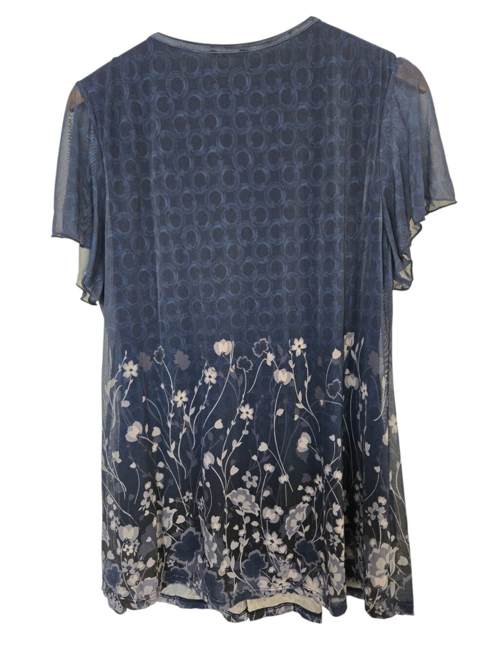 Valolia XL Navy Blue Mesh Floral Flutter Sleeve Tunic Top - Picture 4 of 4